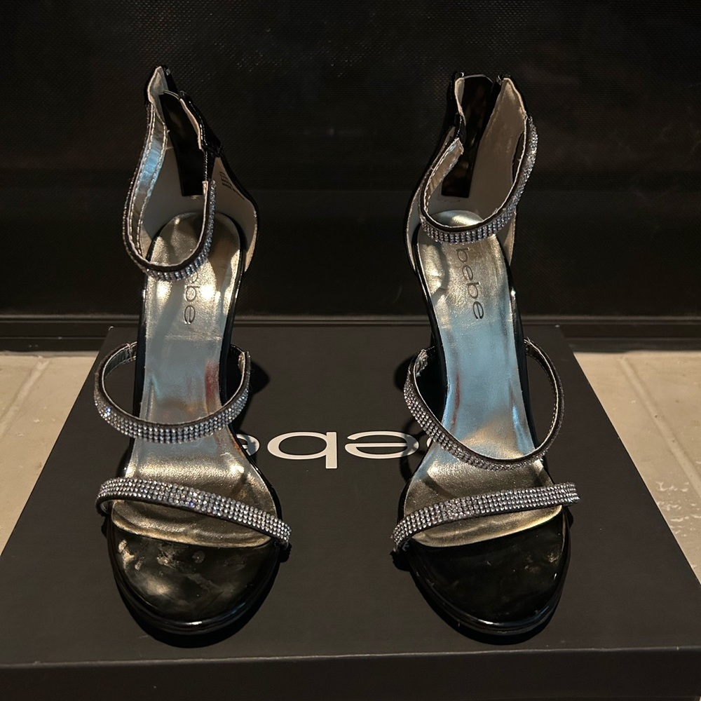 Bebe Strappy Black and Silver Heels